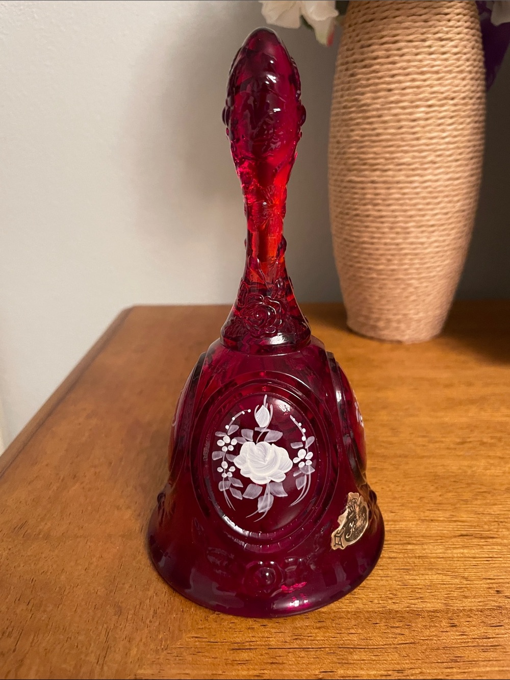 FENTON ART Glass Red Ruby Hand Bell with Original Label Hand Painted Flowers